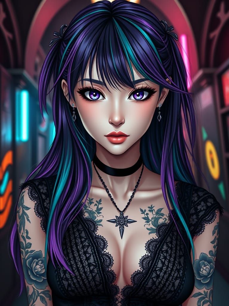 Gothic Anime Portrait of a Woman with Colorful Hair