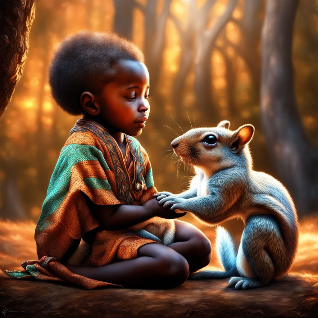 African Child Comforting Squirrel in Amazon Rainforest