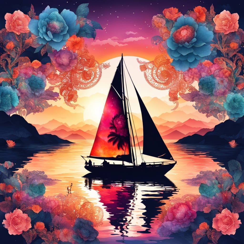 Vibrant Sailboat Silhouette Amidst Mystical Peony Bloom