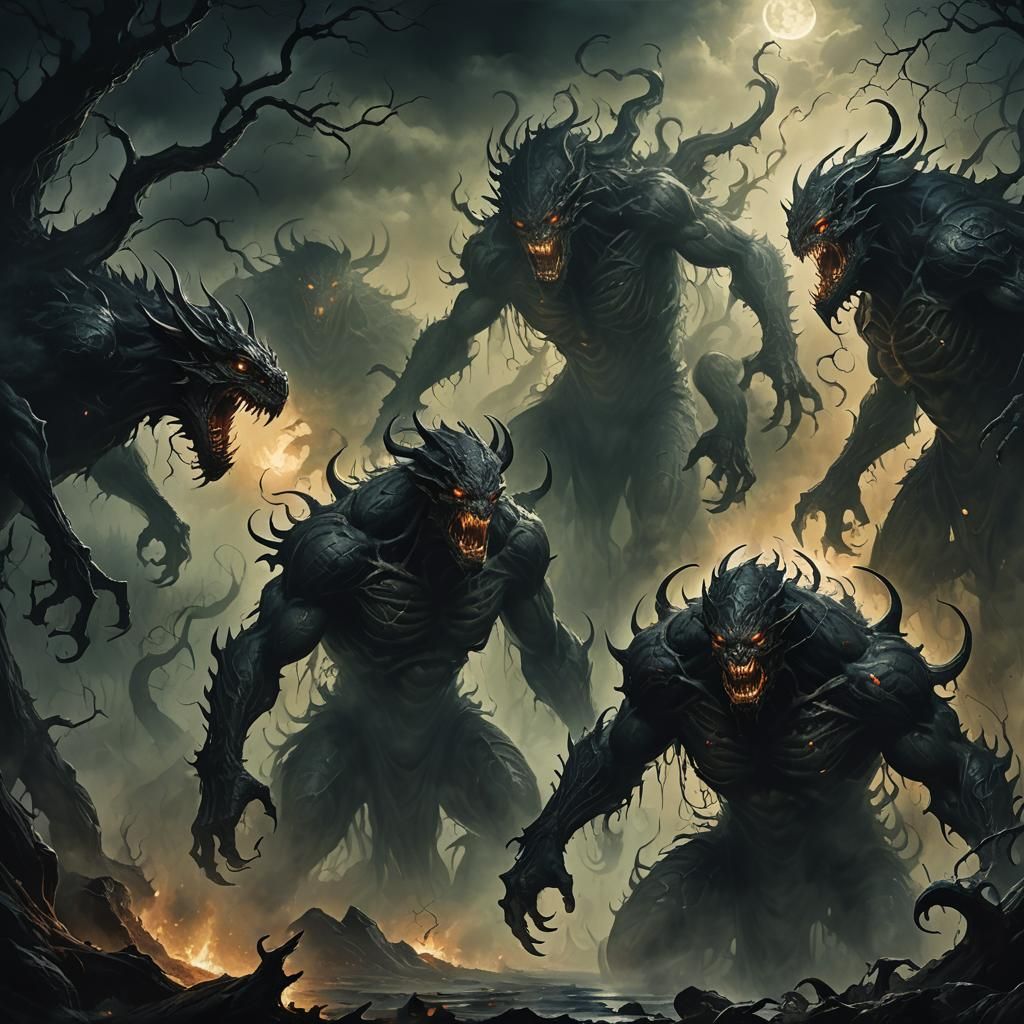 Monstrous Creatures Emerge in Dark Fantasy Oil Painting