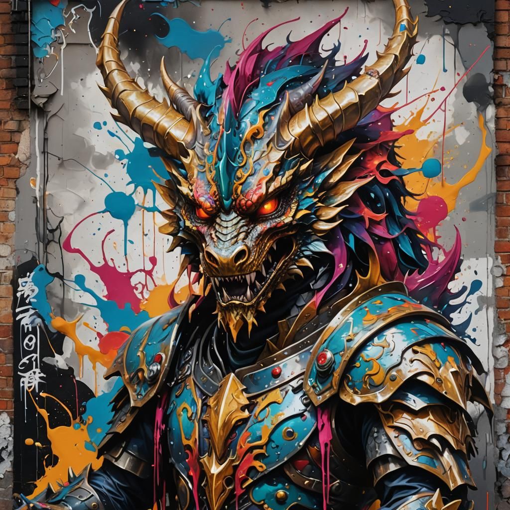 Armored Dragon God in Graffiti Splash Art Style
