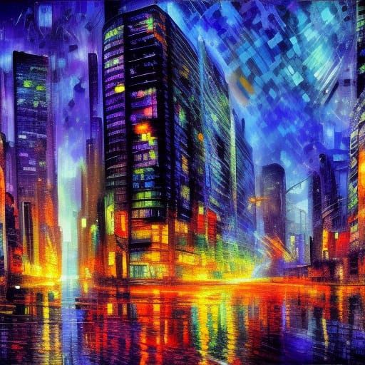 Burning Cyberpunk City in Neo-Impressionist Style