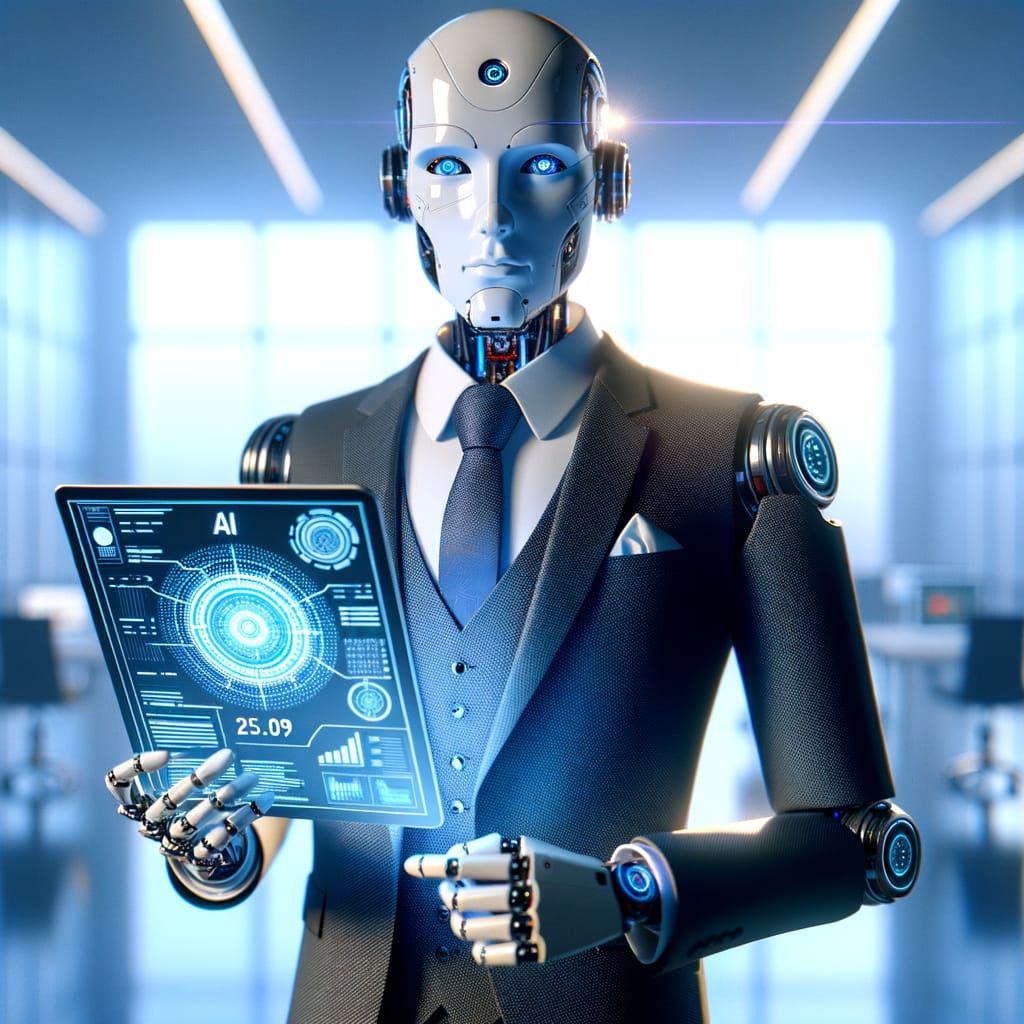 Realistic AI Robot Agent with Tablet, Matte Painting