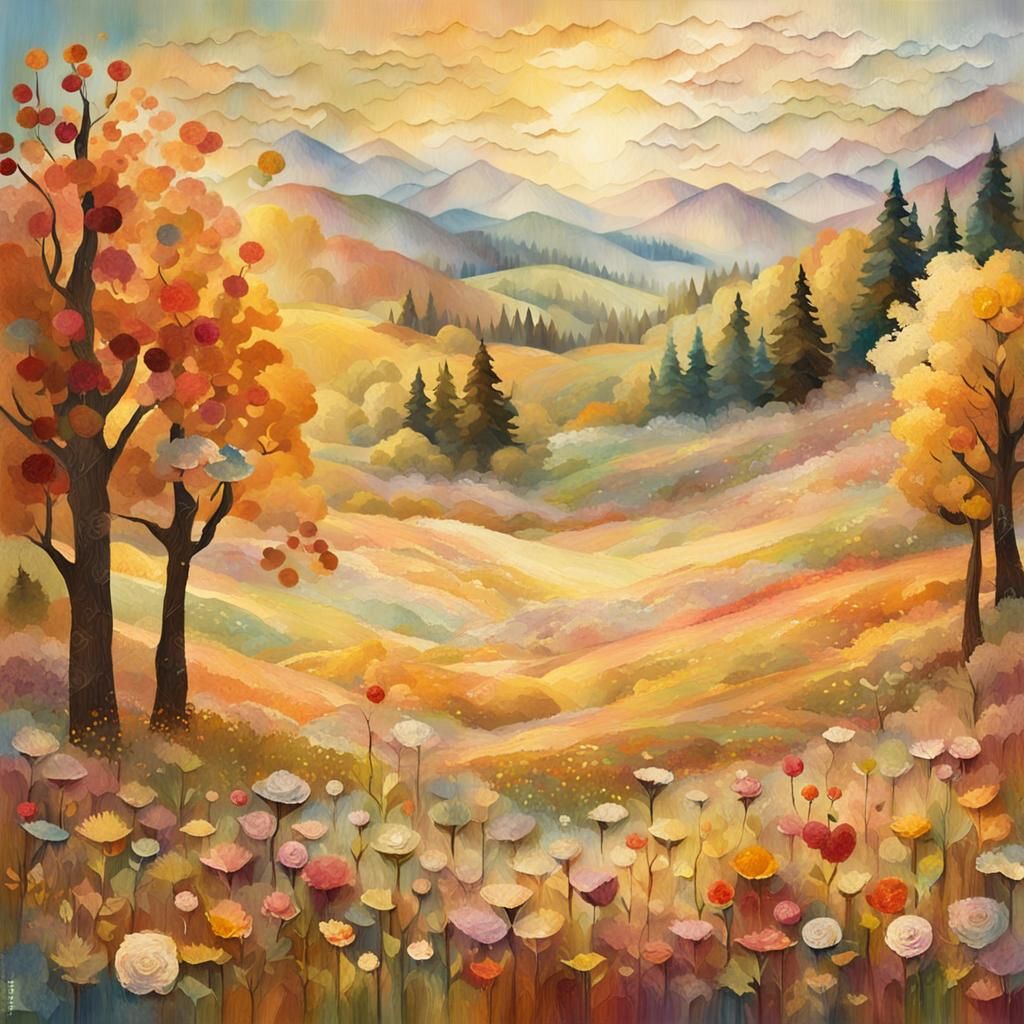 Impressionistic Torn Paper Autumn Meadow Landscape