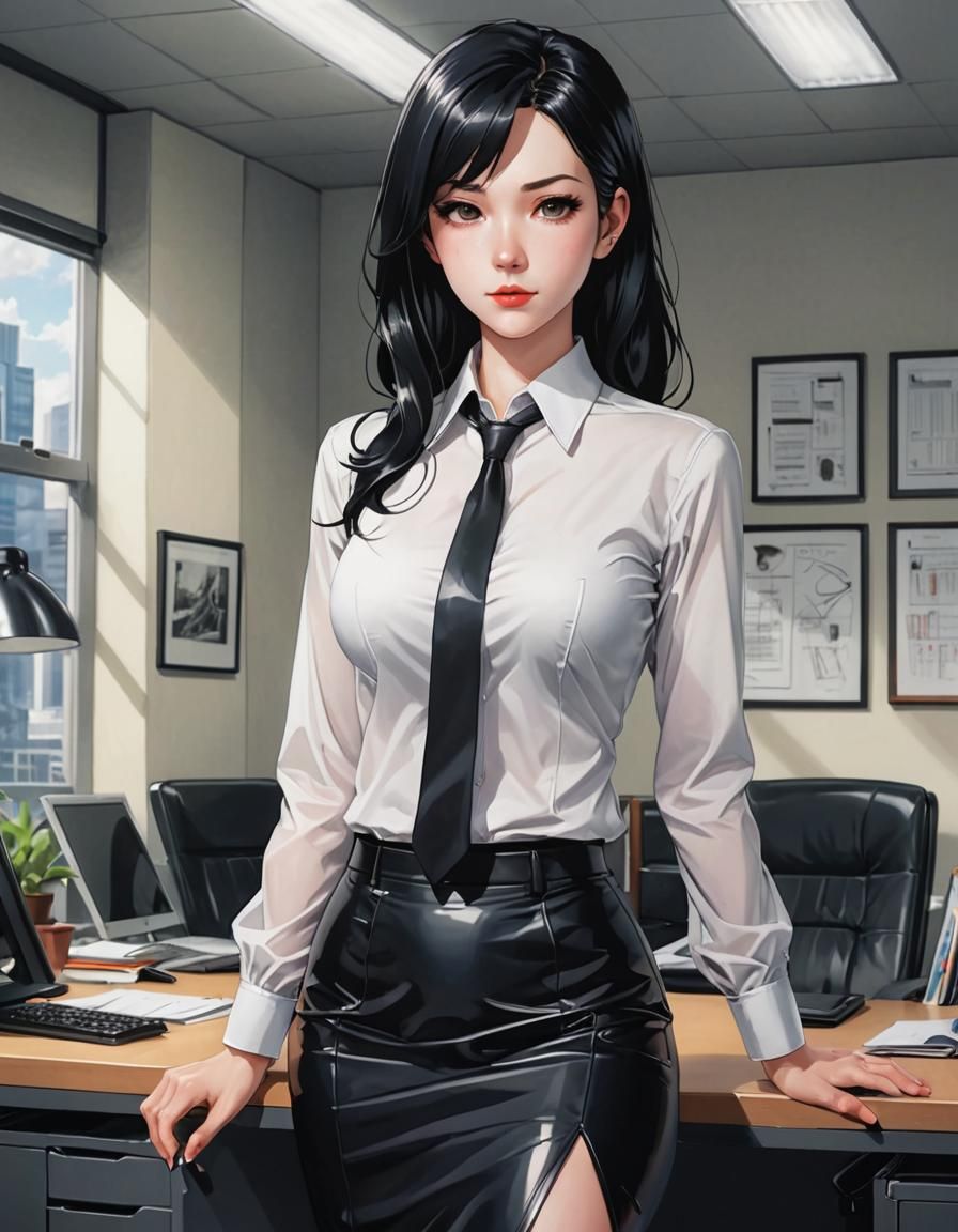 Anime Style Businesswoman in a Chic Black Latex Skirt