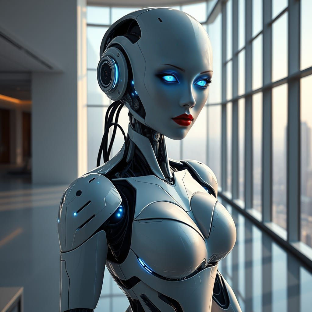 Cyberpunk Robot Woman in Sleek CEO Office