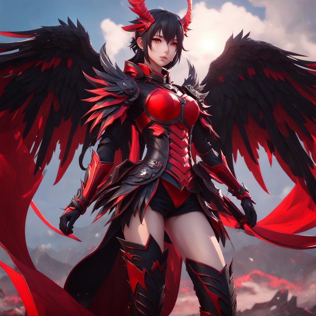 Anime Demon Girl in Red Armor, 3D Art