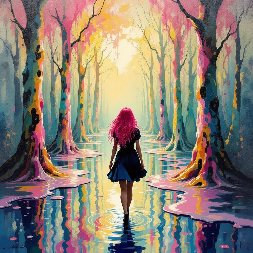 Surreal Melting Forest With Pink Haired Woman