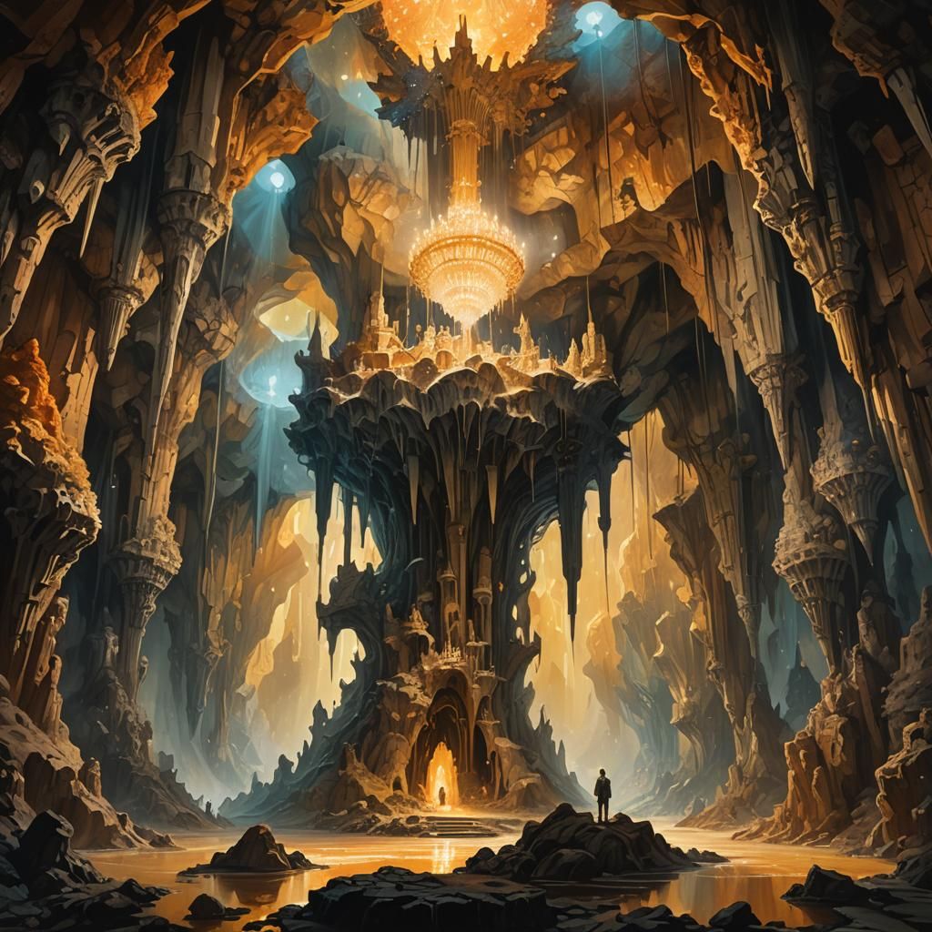 Surreal Cave Illuminated by Sun Chandelier, as Oil Painting