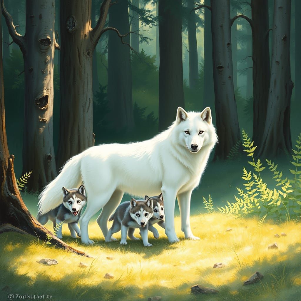 Majestic White She-Wolf with Litter in Enchanted Forest