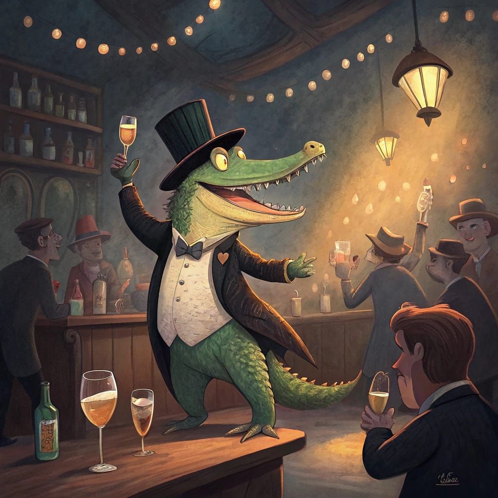 Dapper Crocodile Dances Joyfully in Lively Bar Scene