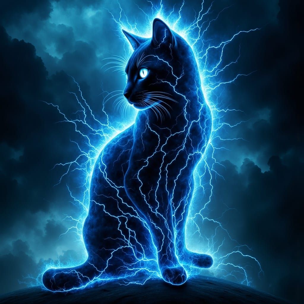 <lora:Abstract Reality:1.0> A majestic black cat silhouette composed entirely of crackling electric blue lightning bolts...