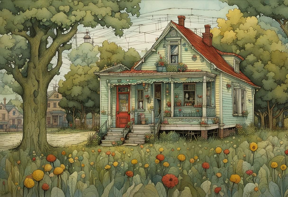 Charming 1930s House in Architectural Illustration Style