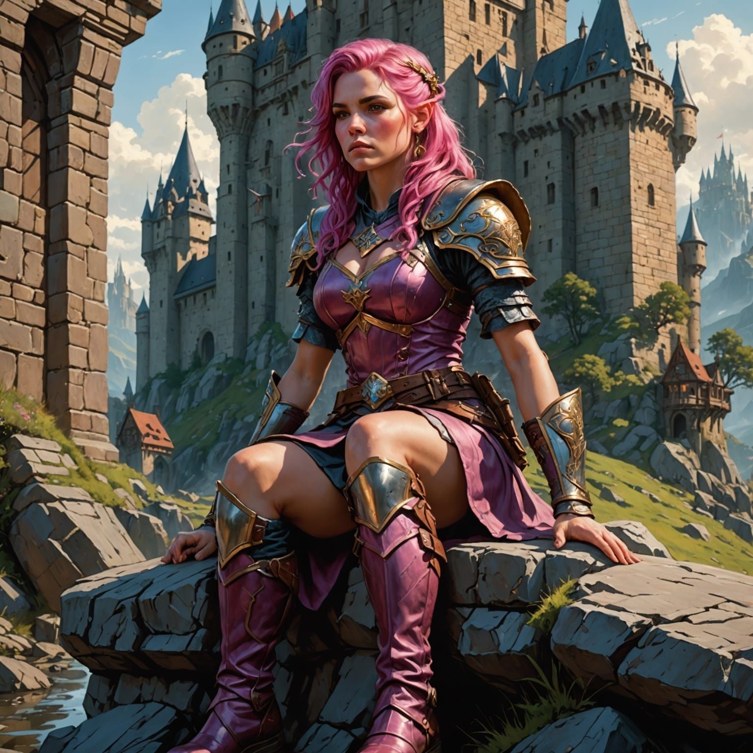 Pink-Haired Dwarf Warrior Near Castle, Comic Book Art