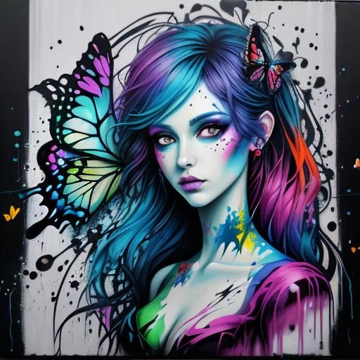 Girl with Butterflies in Enchanted Graffiti Forest
