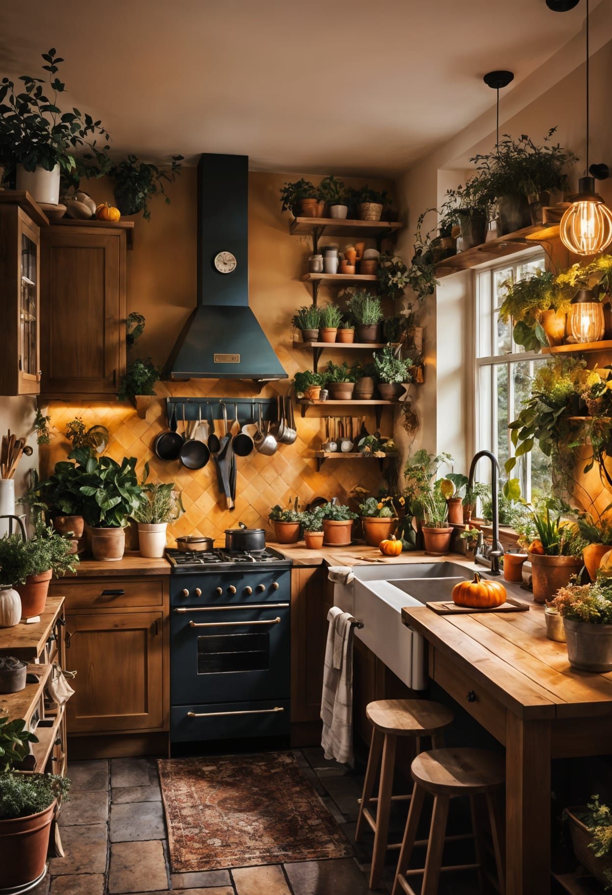 Cosy Autumn Kitchen with Lush Plants