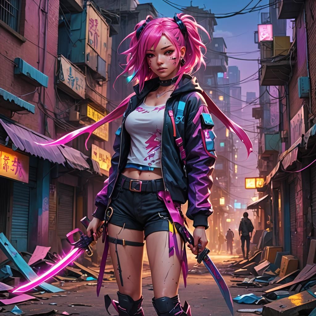 Anime Girl with Blades in Slums: Digital Art