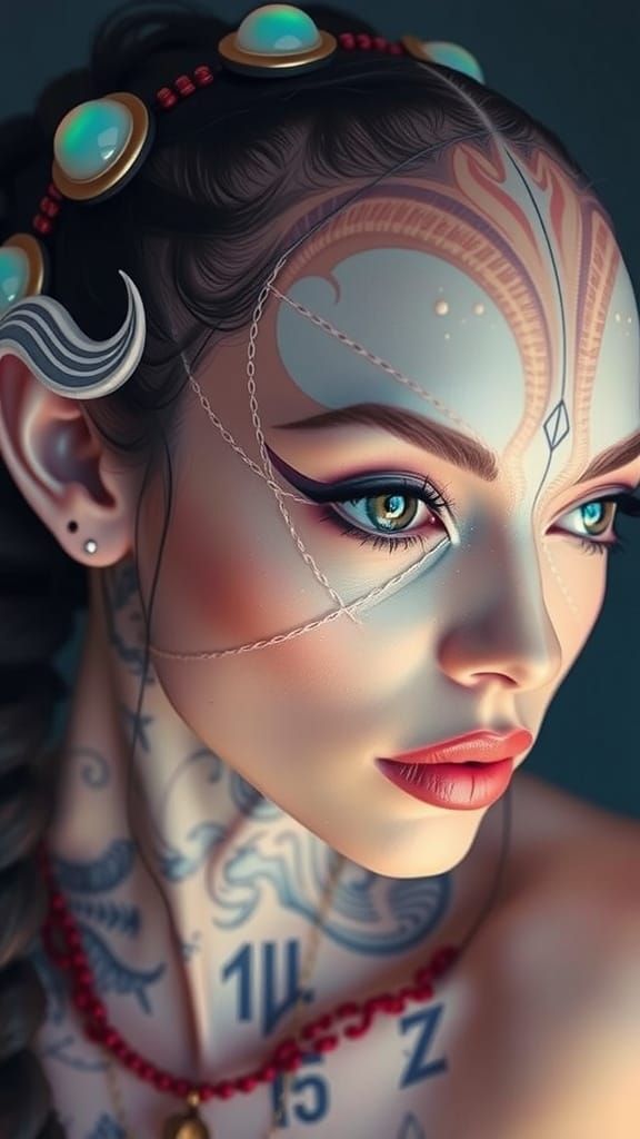 Alien Woman with Snail Braids and Glowing Tattoos