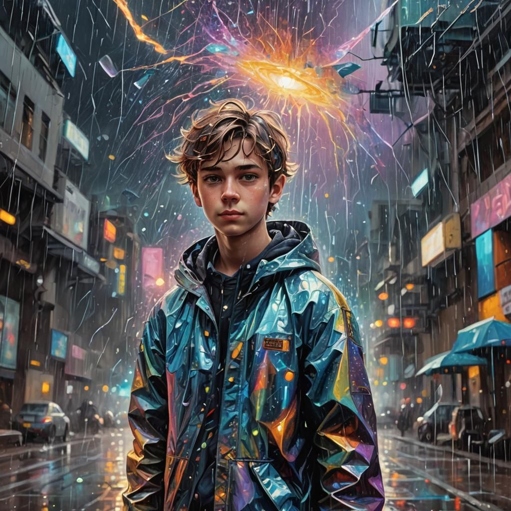 Boy in Rain: Holographic Astral Cosmic Illustration