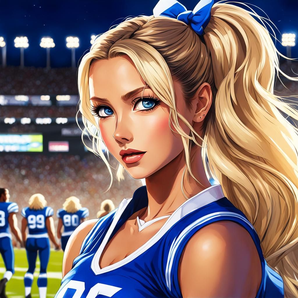 Anime Cheerleader on Football Field in Manga Style