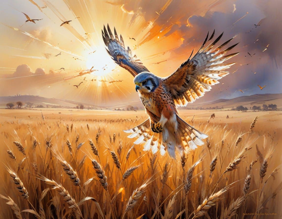 Kestrel Circling Golden Wheat Plains in Watercolour Style