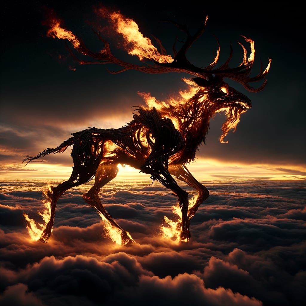Gigantic, Fiery Reindeer in Dark, Golden Sunset