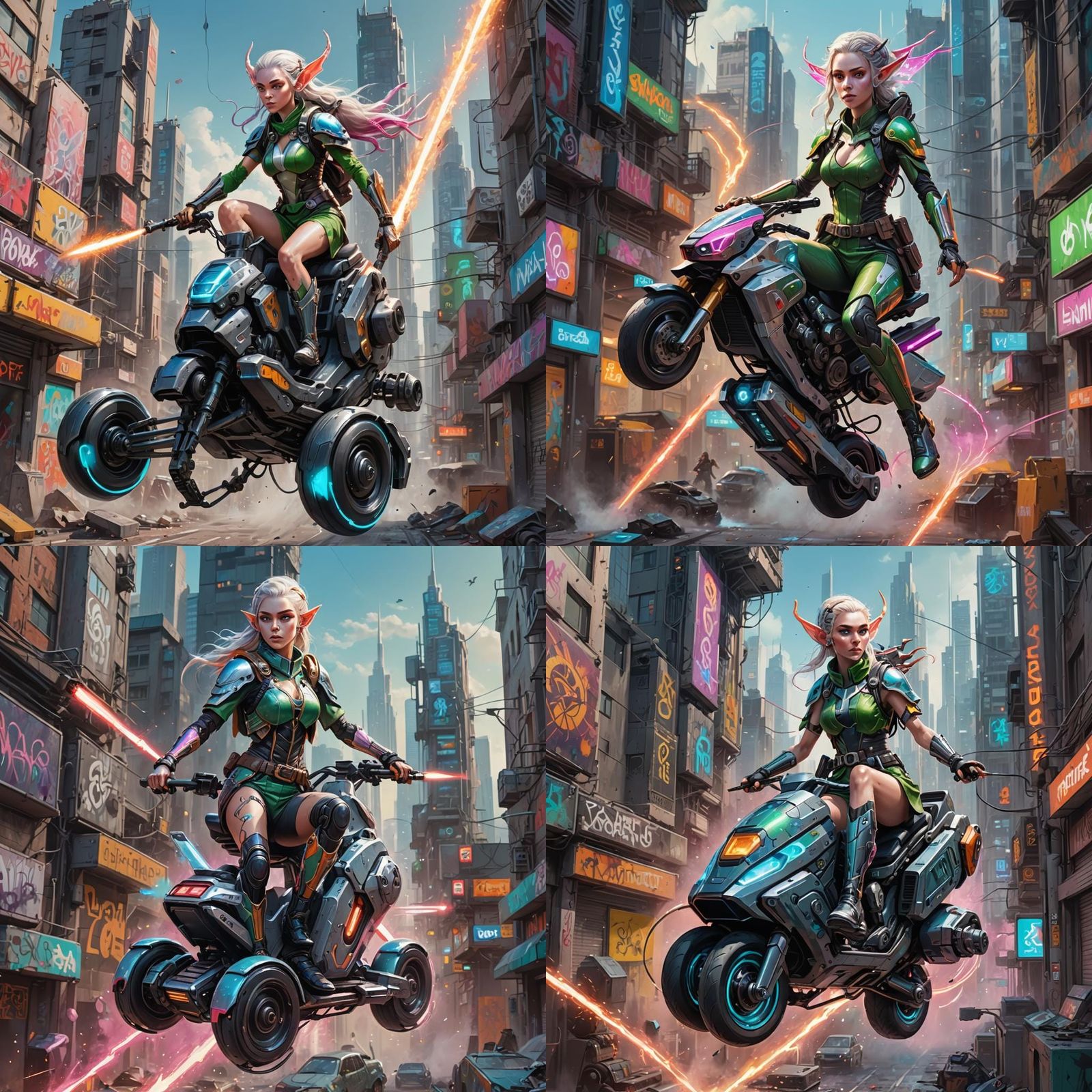 Elf Cyborg Rides Hovercycle in Graffiti Art Style