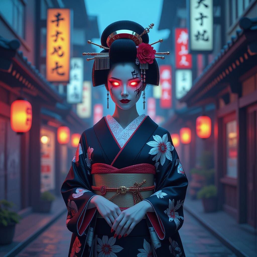 Cybernetic Geisha in Neon Tokyo: Cubist Surrealism