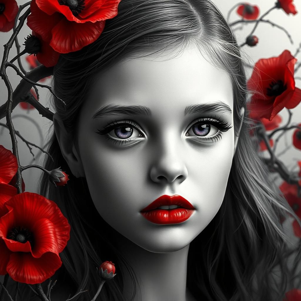 Hyperrealistic Portrait of Girl with Red Lipstick