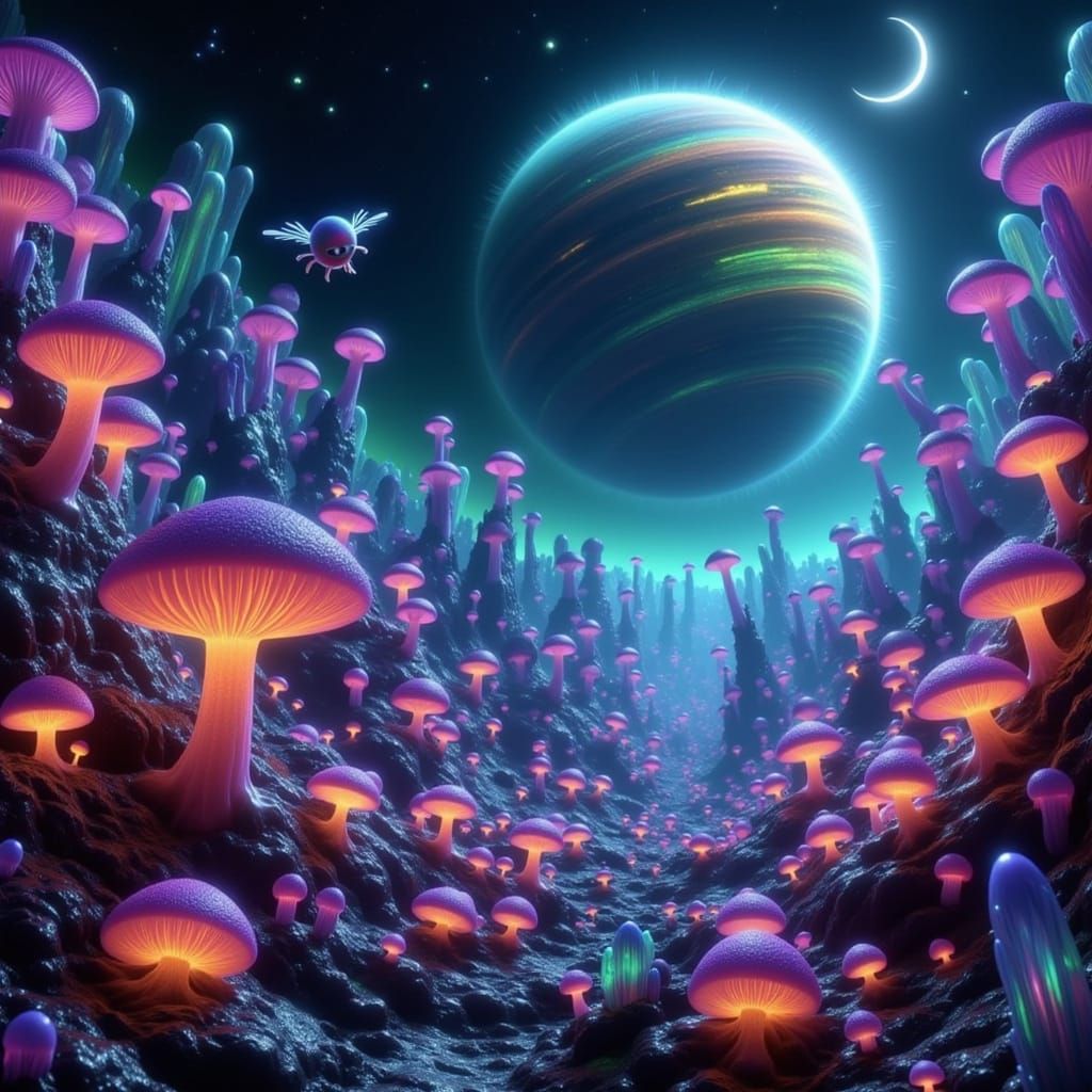 Alien Planet with Bioluminescent Life Under Ringed Gas Giant