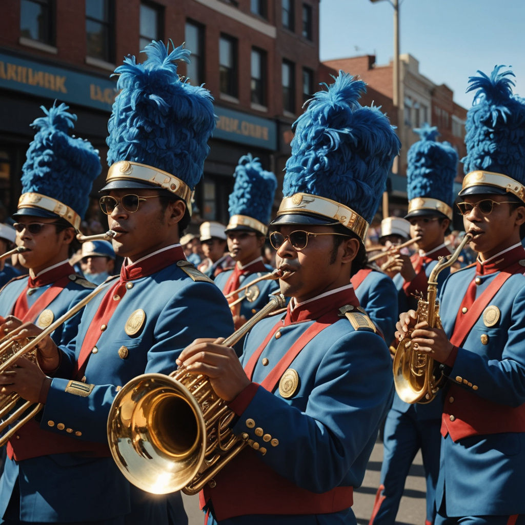 Hyperrealistic Marching Band Parade in Crimson and Blue