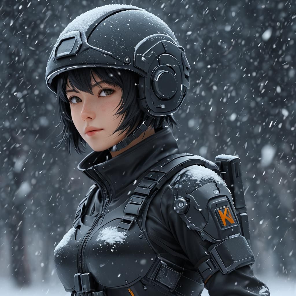 Scifi Soldier Anime Girl in a snow storm...