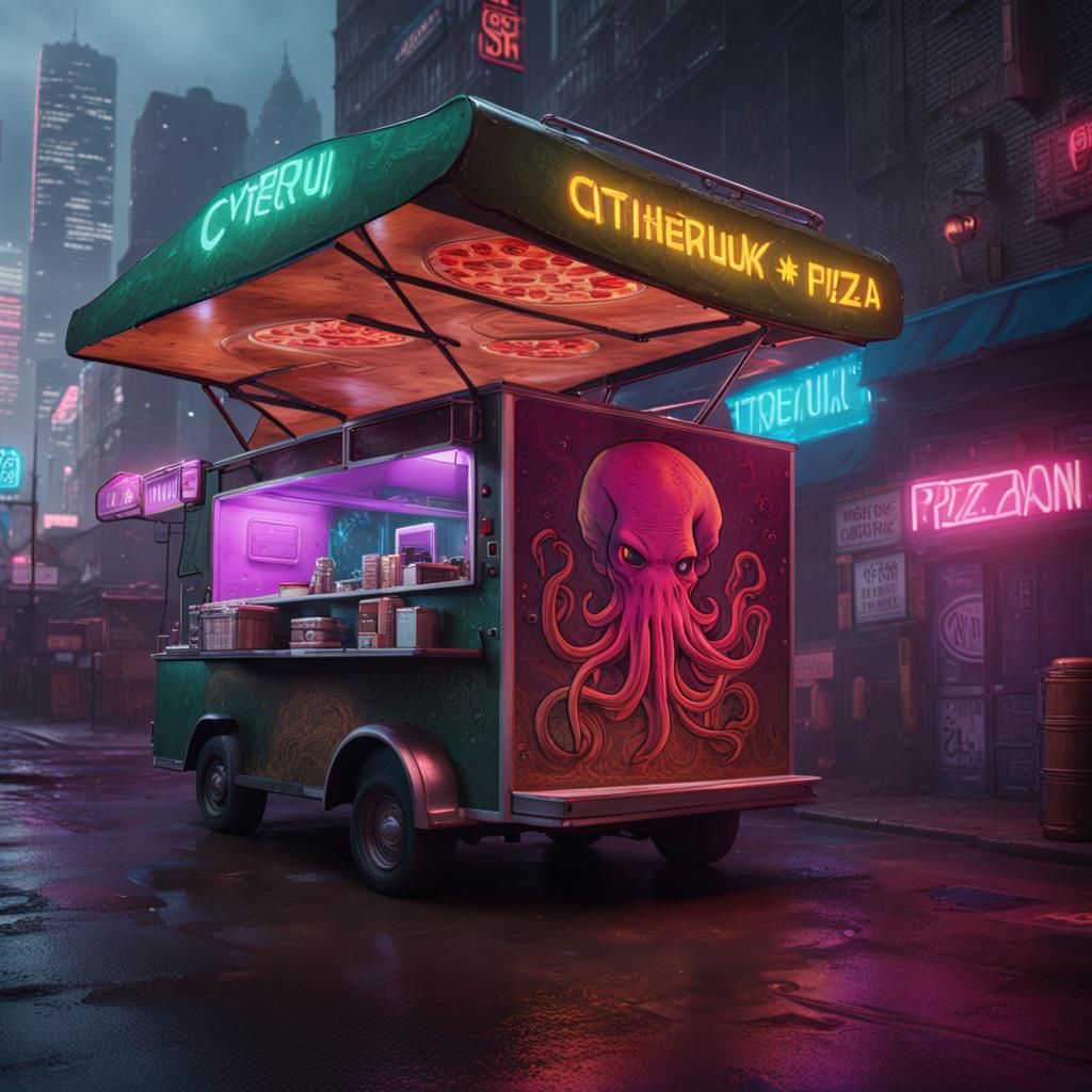 Cyberpunk Cthulhu Pizza Food Truck: Detailed Matte Painting