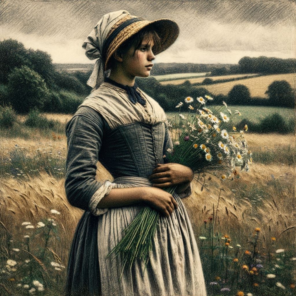 French Peasant Woman in Field, Impressionistic Style