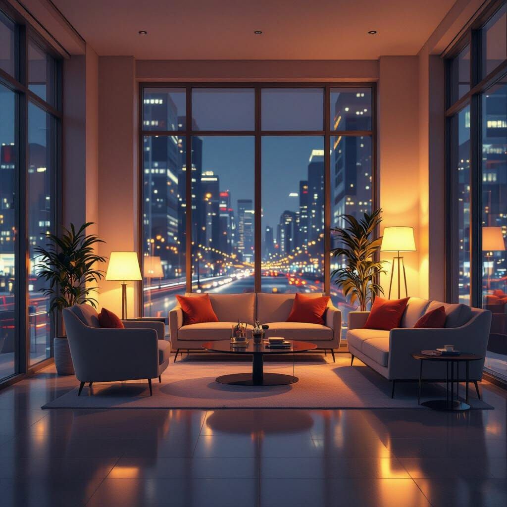 Serene Urban Lounge at Night in Animated Style