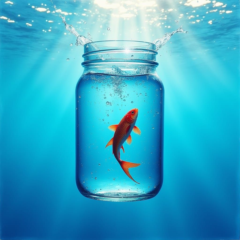 Ethereal Moment: Glass Jar Suspended in Air, Fish Leaping in...