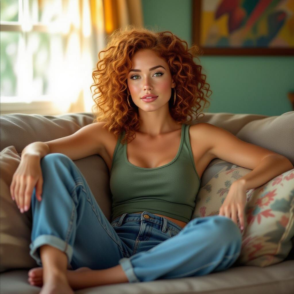 Serene Woman Relaxing on Sofa in Hyperrealistic Style