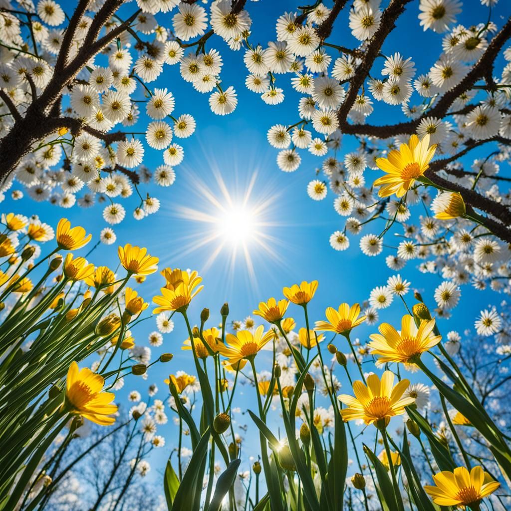Spring Flowers from Worm's Eye View in Sunlight