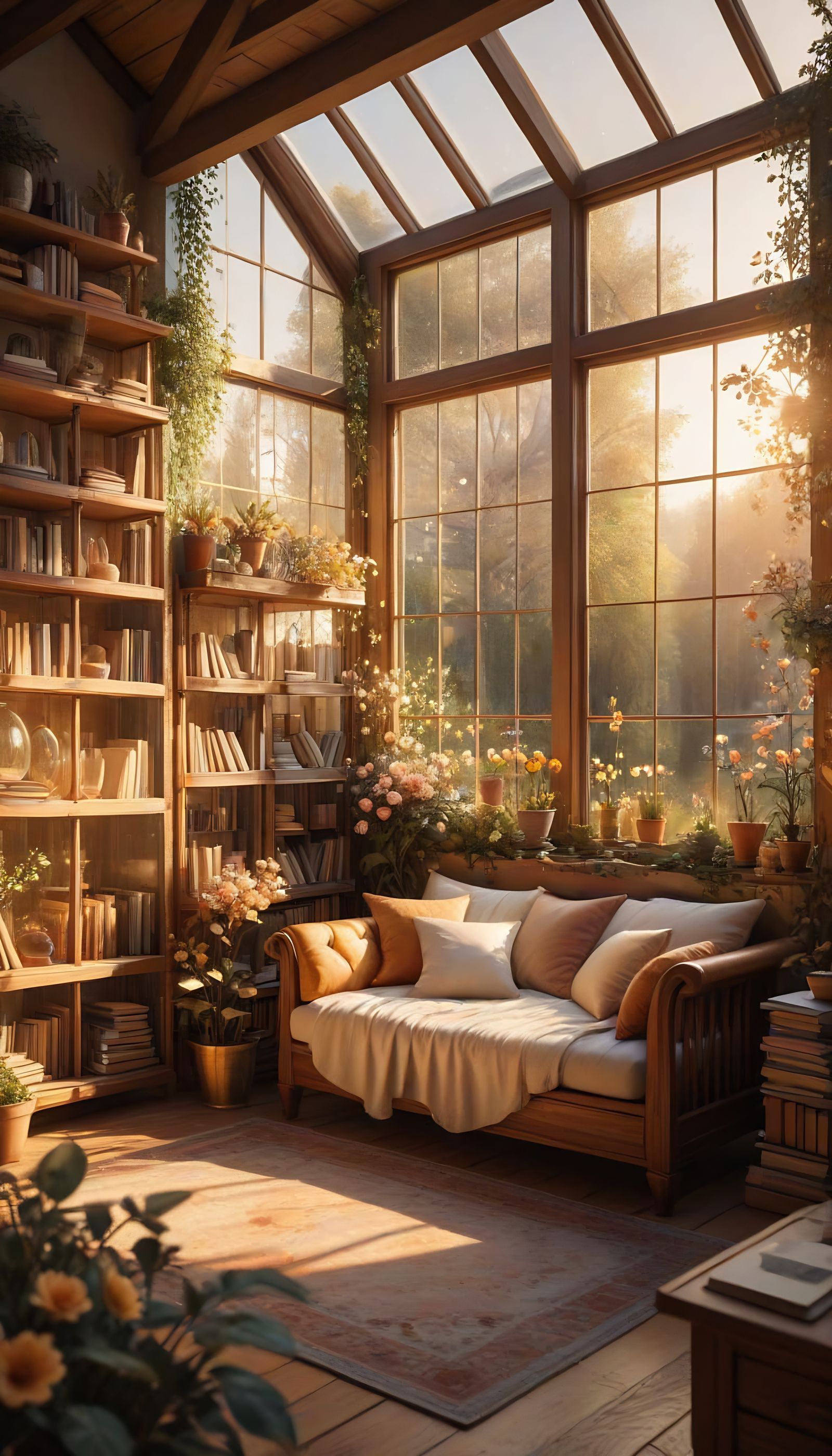 Whimsical Glass House with Vintage Bookshelves and Blooming ...