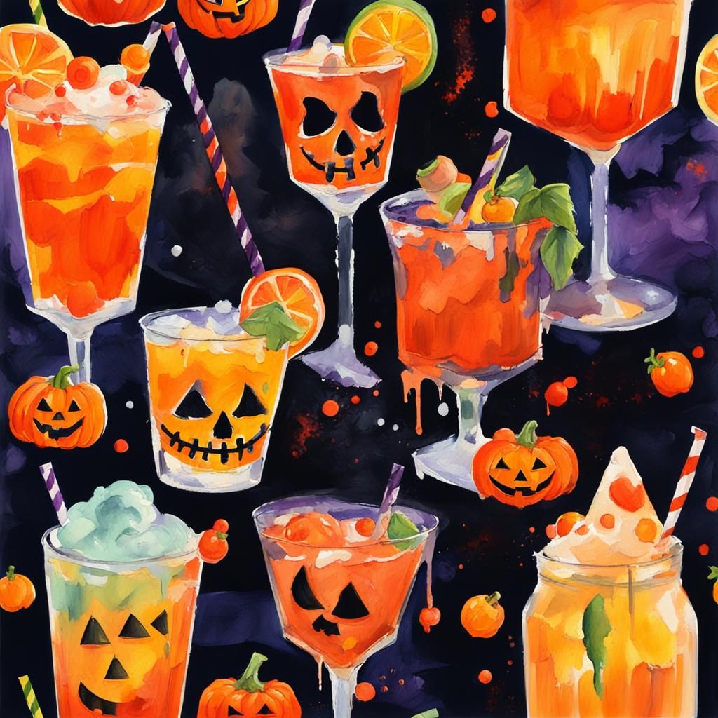 Halloween Cocktails in Gouache Watercolor Style