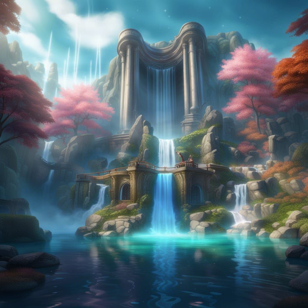 Fantasy Waterfall Landscape with Bathing Princess