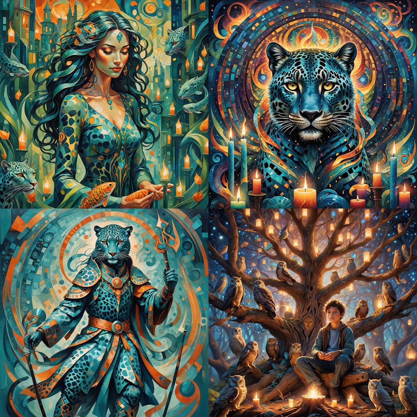 Mystical Tree with Panther in Dreamlike Teal Hues