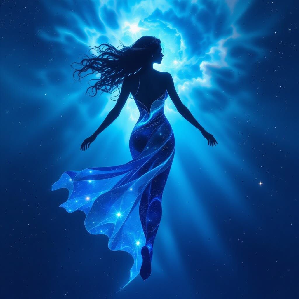 Cosmic Nebula Dancer in Ethereal Blue Energy