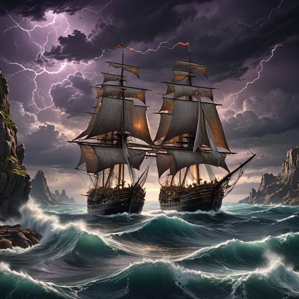 Ship Sails Stormy Sea: Dark Fantasy Concept Art