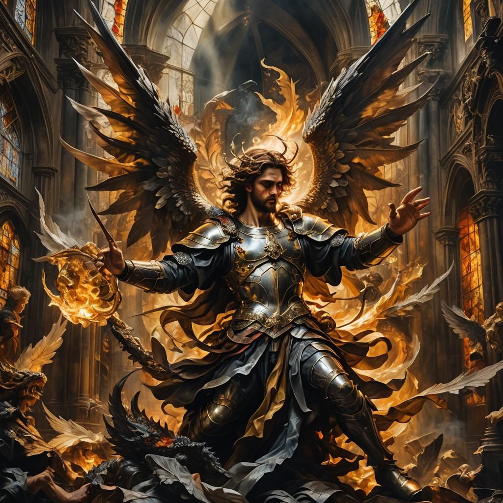 Angel and Dragon Fight in Baroque Cathedral