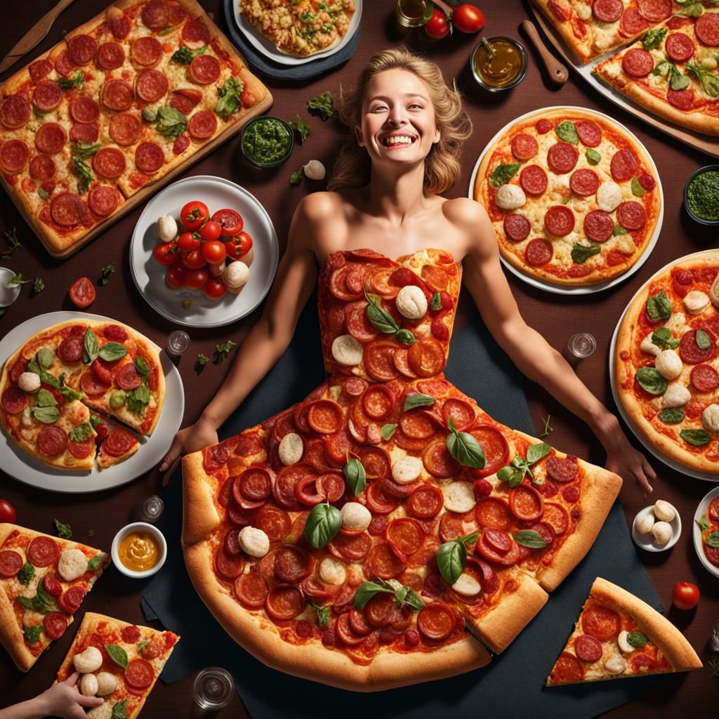 Woman in Pizza Dress: Hyperrealistic Cuisine Art