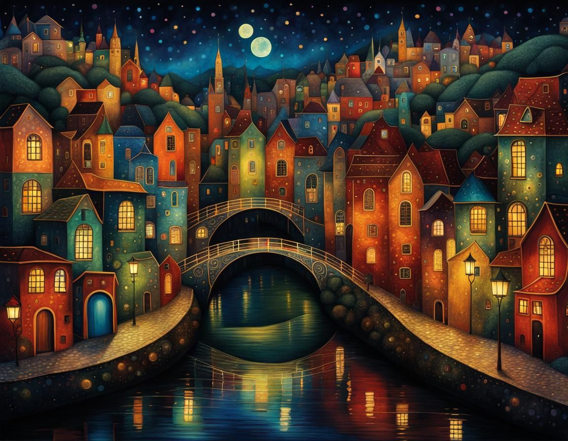 Fantasy River Town: Klimt-Inspired Digital Art
