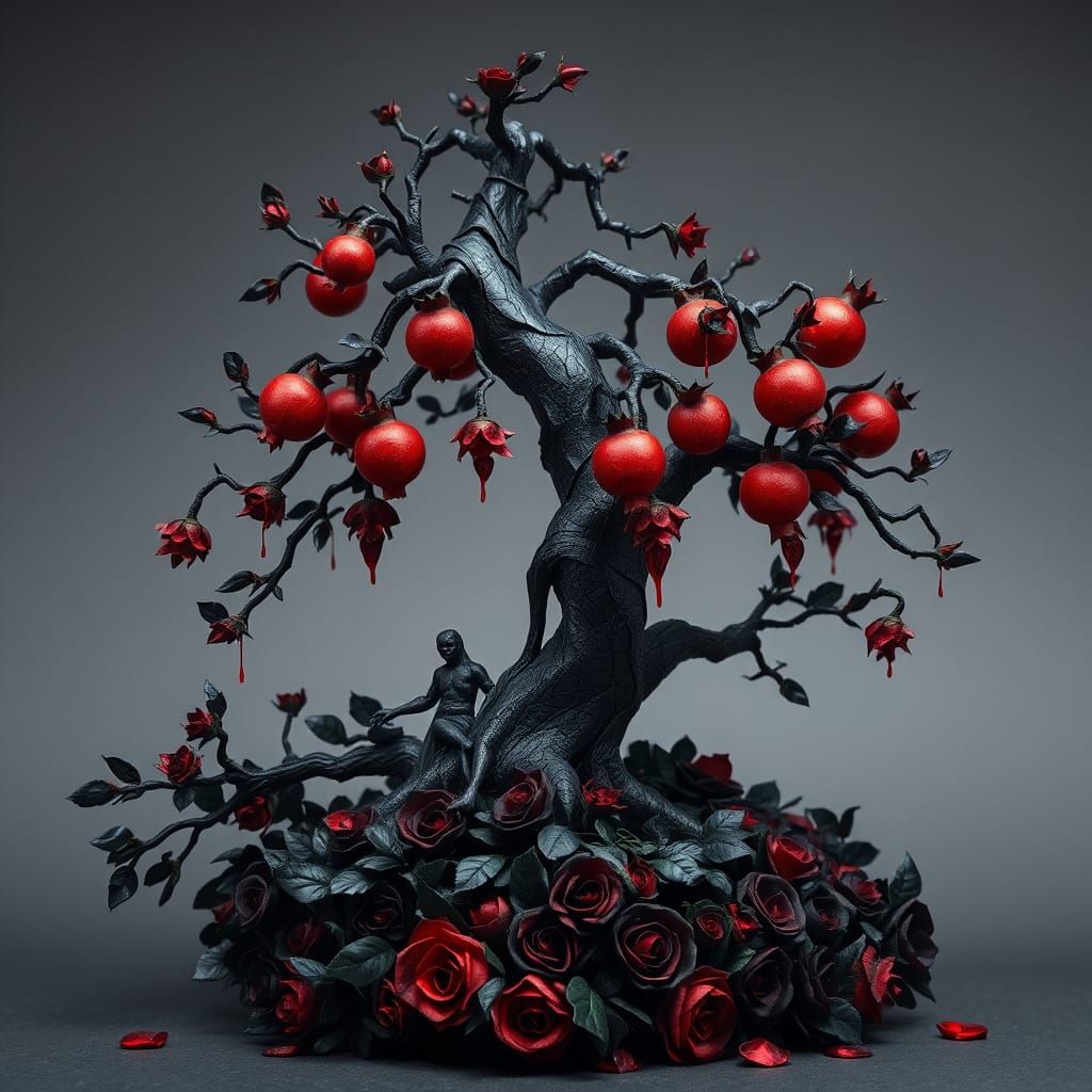 Surreal Pomegranate Bonsai of Persephone in Gothic Style