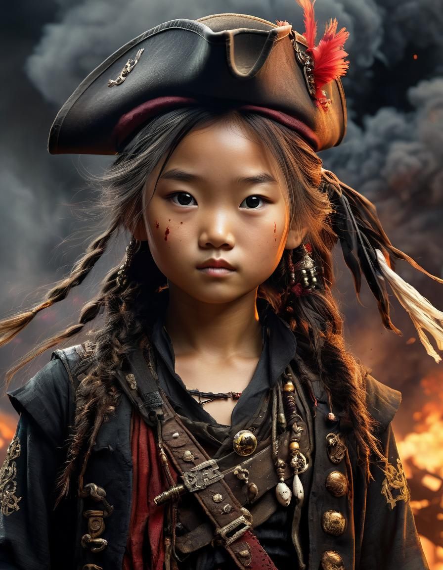 Pirate Girl Amid Explosions, Digital Ink Sketch Art