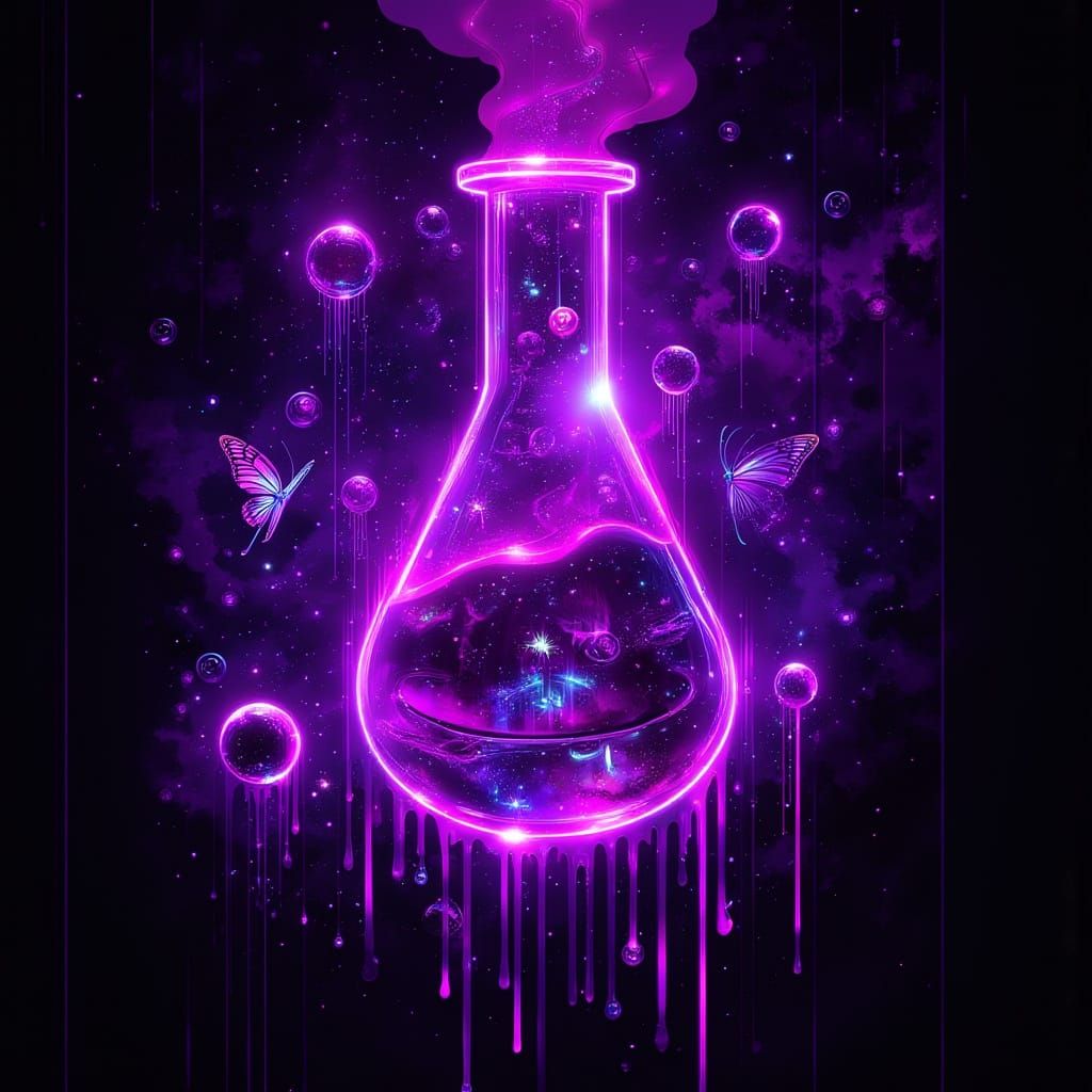 Glowing Chemistry Vial with Neon Lines in Synthwave Logo Sty...